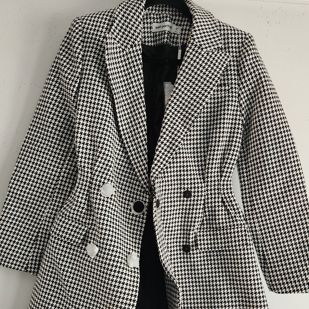 Self-Portrait Black and White Houndstooth Long Sleeve Dress